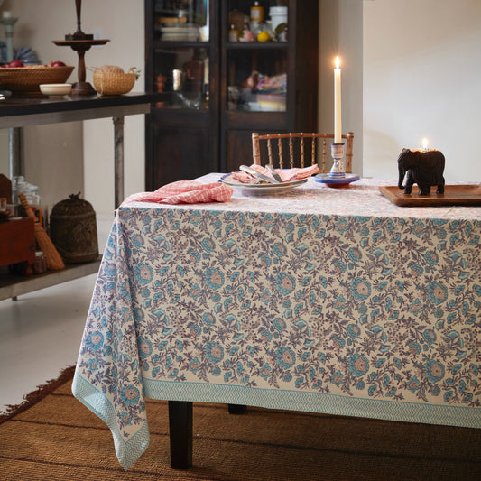 Aqua Blue, Red & White Floral Tablecloth