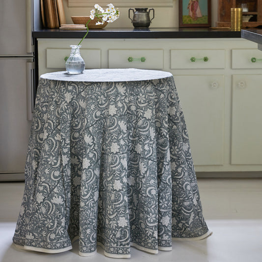 Printed Round Tablecloth Grey Blue Leaves