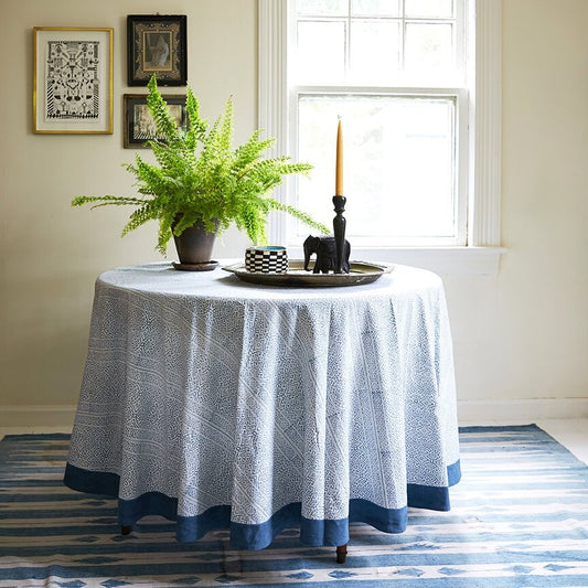 White & Blue Round Tablecloth with Solid Border