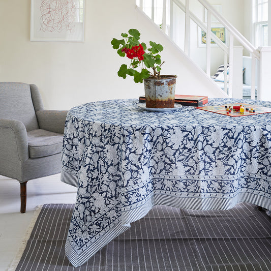 Printed Tablecloth Navy Blue with Elephant Border