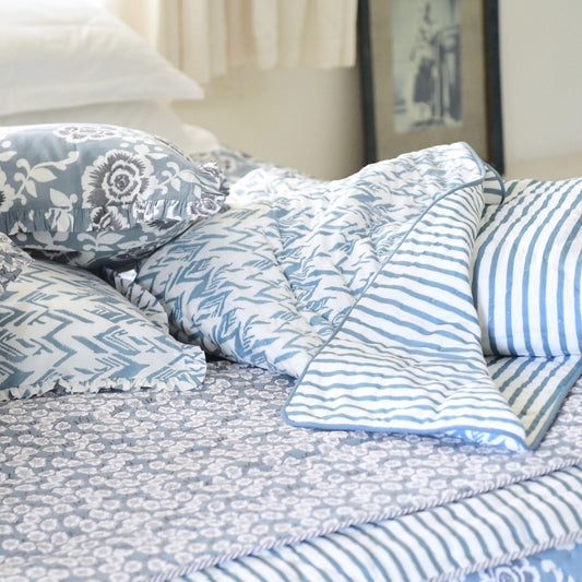 Layla Quilt & Cases in Natural White & Pale Blue Abbas Print