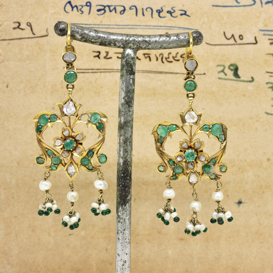 Antique Emerald Pearl Chandelier Earrings