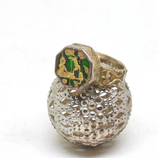 Antique Green Glass & Gold Scene Ring