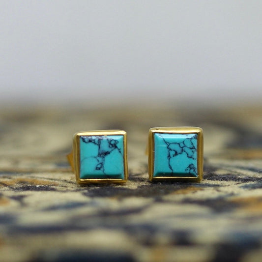 18K Square Turquoise Stud Earrings