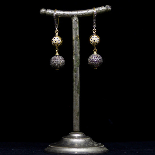 Old Enamel Ball & Oxidized Silver Diamond Pave Ball Earrings