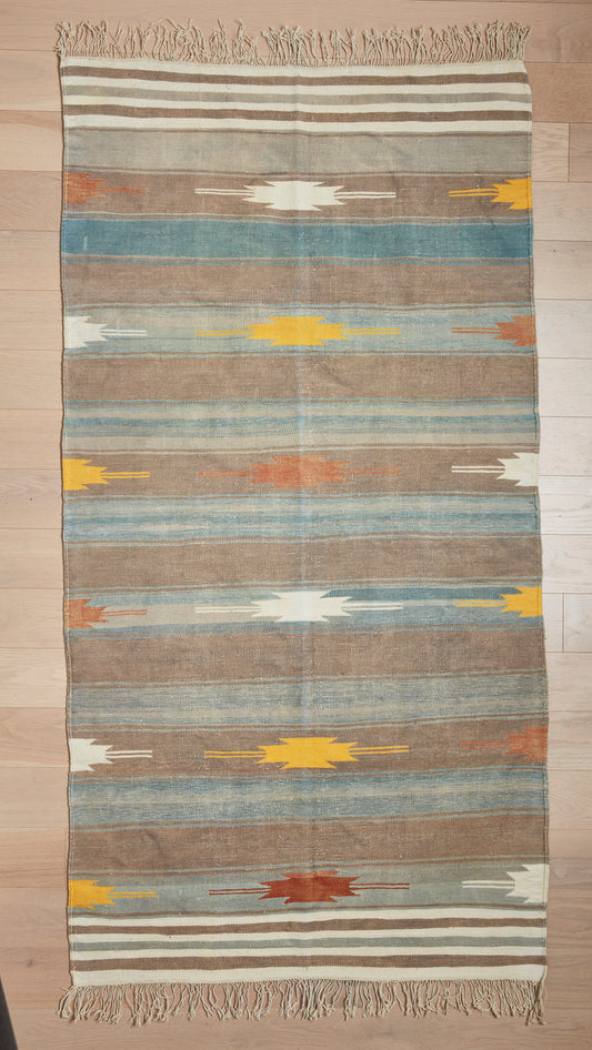 Vintage Handwoven 3x5 Punjab Rug – Natural, Brown, Blue