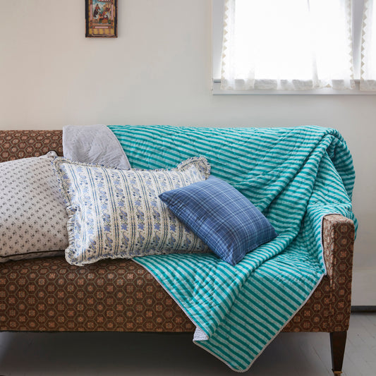 Teal Green & Blue Striped Quilt & Cases