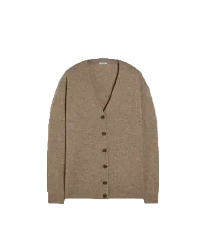 A light brown knit cardigan sweater with a V-neck and dark buttons, shown flat against a light gray background.