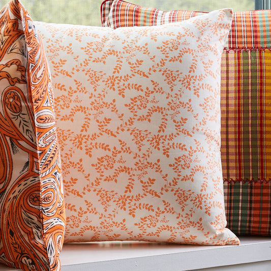Ecru and Orange Floral Print Pillow