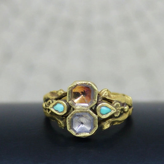 22k Pink Tourmaline & Old Crystal Ring with Turquoise